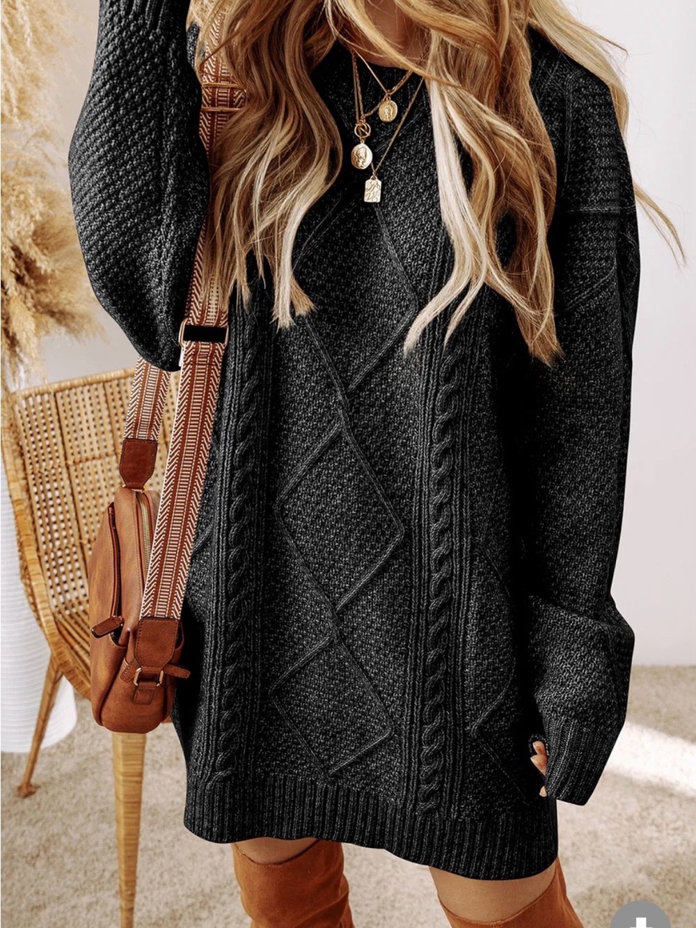 Cozy Cable Knit Oversized Sweater Dress - Black